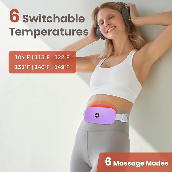 NOWWISH Heating Pad for Period Cramps Pain Relief, Portable Electric Cordless Menstrual Heating Pad Rechargeable with 6 Heat Levels and 6 Massage Modes, Mothers Day Gifts for Mom Daughter Wife, Purple