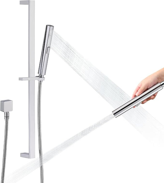 Handheld Shower Head with Slide Bar Combo, 27.5-Inch Adjustable Height Slide Bar, High Perssure Handheld Shower Head with 6.6ft Extra Long Hose, Brass Wall Supply Elbow, Chrome