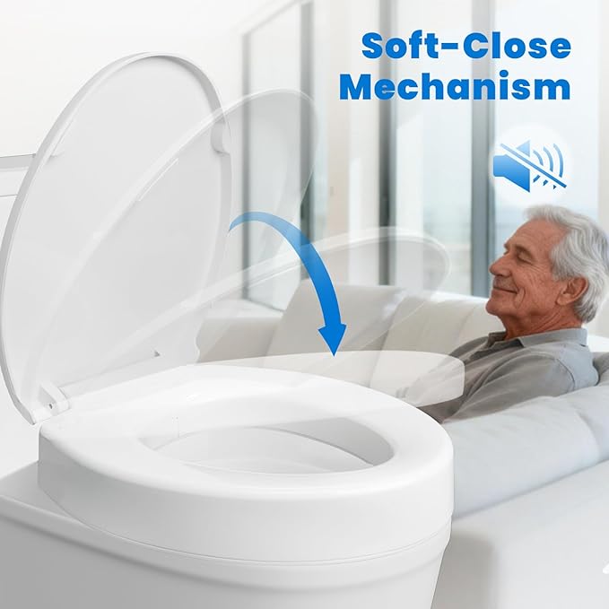 Elongated Raised Toilet Seat for Seniors, 3" Height, Heavy Duty Slow Close Elevated Toilet Seat with Never Loosen Hinges, Fits Most Elongated Toilets (White 18.5") (Raised Toilet Seat)