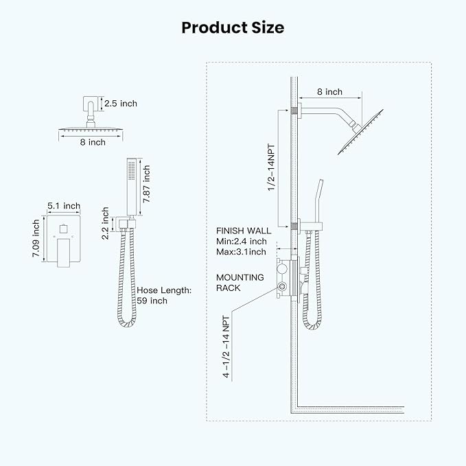 gotonovo Rainfall Bathroom Shower System Rain Shower Head and Handle Set Wall Mounted Shower Complete Combo Solid Brass Pressure Balancing Shower Mixer Valve 8 Inch Matte Black