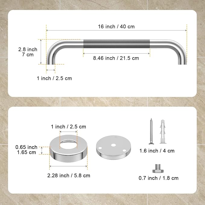 16 Inch Anti Slip Shower Grab Bar, YuanDe Chrome Finish Stainless Steel Bath Grab Bar, Knurled Bathroom Safety Rail, Shower Handrail Support, Handicap Elderly Injury Senior Balance Assist Handles