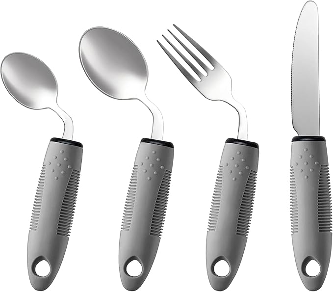 4-Piece Adaptive Utensils Set for Adults - 45° Angled 2.5oz Weighted Spoon, Fork, Knife & Soup Spoon for Hand Tremors and Parkinson’s Patients - Non-Slip Easy-Grip Handles