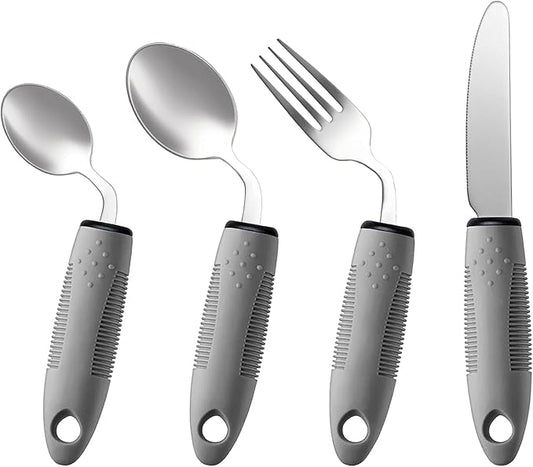 4-Piece Adaptive Utensils Set for Adults - 45° Angled 2.5oz Weighted Spoon, Fork, Knife & Soup Spoon for Hand Tremors and Parkinson’s Patients - Non-Slip Easy-Grip Handles
