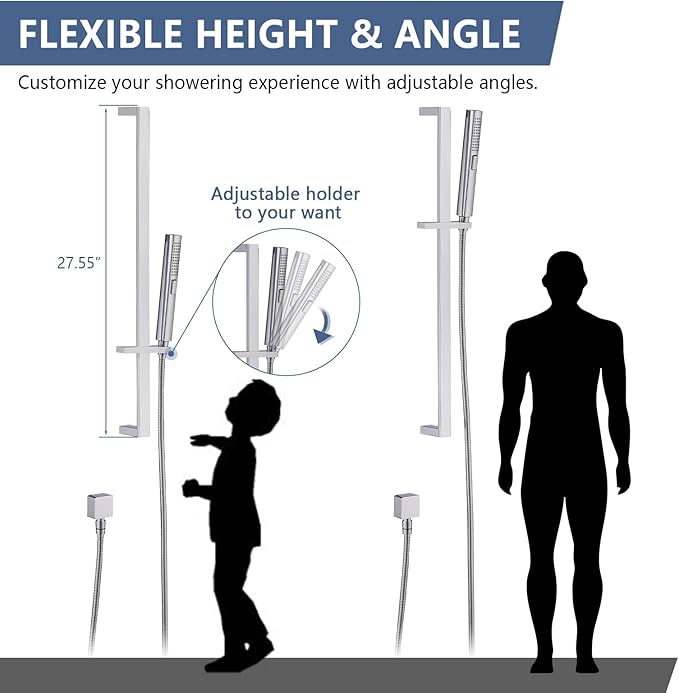 Handheld Shower Head with Slide Bar Combo, 27.5-Inch Adjustable Height Slide Bar, High Perssure Handheld Shower Head with 6.6ft Extra Long Hose, Brass Wall Supply Elbow, Chrome