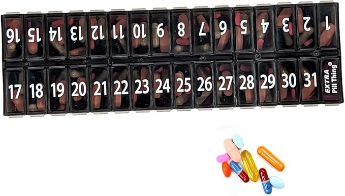 Once-a Day Monthly Pill Organizer Removable Lid for Easy Loading - Large Compartment Pill Box Medications for Entire Month Plus a Compartment for Extra Pills BPA Free