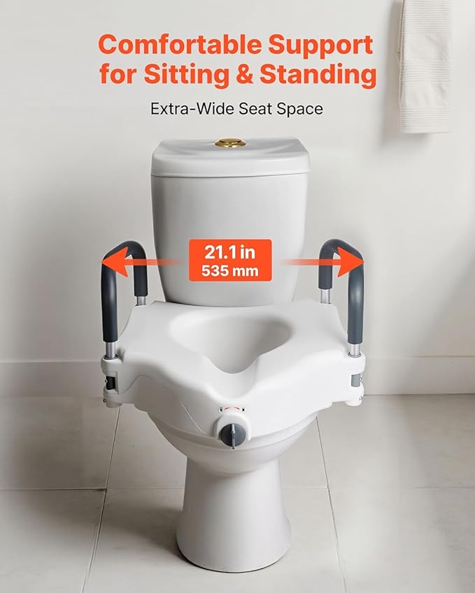 VEVOR Raised Toilet Seat with Arms, 300 lbs Load Capacity, 5-Inch Lift Height, Widened Commode Elevated Toilet Seat Riser with Padded Handles for Seniors, Elderly, Handicap, Disabled, and Adults Use