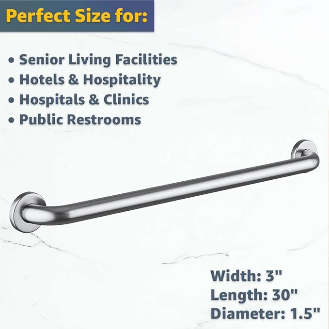 30″ Stainless Steel Restroom Grab Bar for Elderly – Heavy-Duty Wall Mounted Safety Handrail with Satin Finish, 250 lb Support, Bathroom, Toilet, Shower, Home & Commercial Use