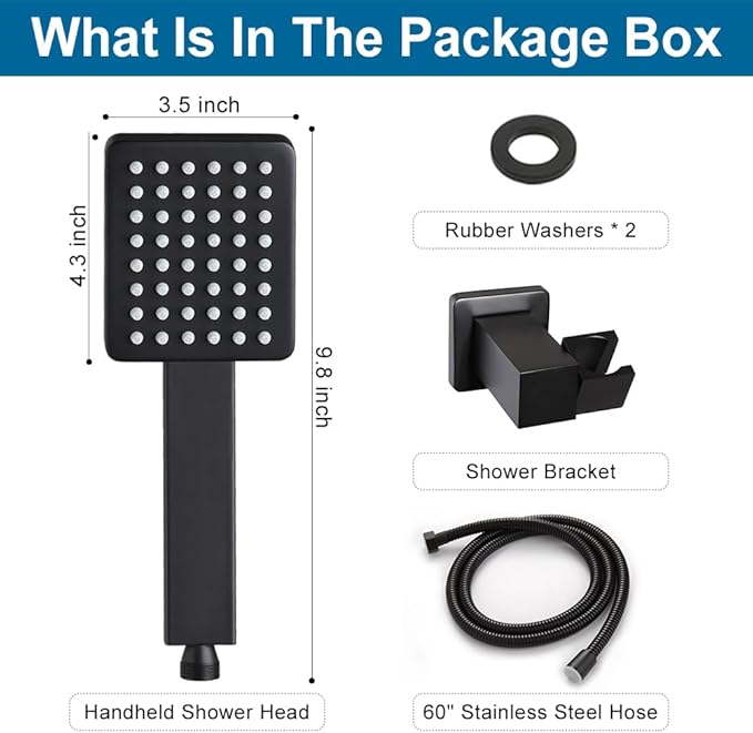 POP SANITARYWARE All Metal Matte Black Handheld Shower Head, Luxury High Pressure Showerhead Kit with Wall Connector and Hose Set, for Bathroom Showering System Contemporary Square Style, Matte Black