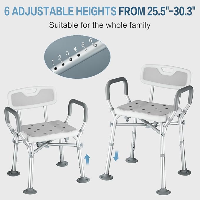 Upgraded Shower Chair for Inside Shower - 6 Height Adjustable (13.4-18.1"), Shower Chair for Elderly and Disabled with Arms and Back, Reinforced Crossbars for 550lbs w/4 Suction Cups