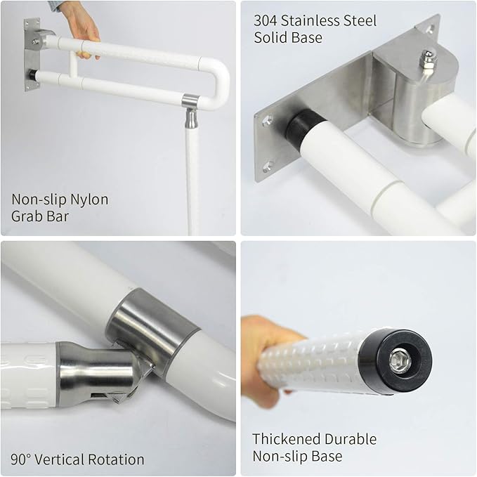 MYOYAY 24In Toilet Safety Rails Wall Mount Floor Support Foldable Toilet Grab Bar Handicap Grab Bars Rails Non-Slip Stainless Steel Flip Up Grab Bar Fluorescent Handrails for Seniors Disabled Pregnant