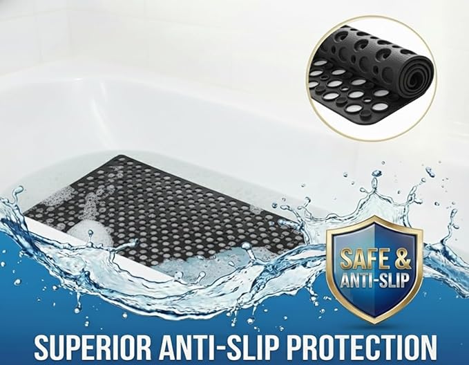 Nonslip Bathtub Mat Extra Soft TPE Bath Mat for Kids, Machine Washable Bathroom Shower Mat(Black/ 30L x 17W Inch)