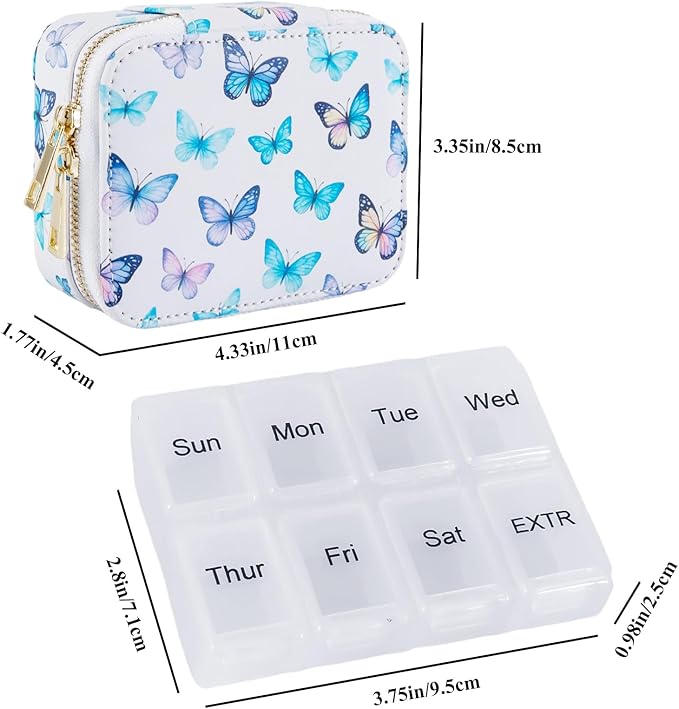 Weekly Pill Organizers, Portable Pill Case with Removable Pill Sorter, Travel Pill Organizer 7 Day,Leather Vitamin Box, Medicine Dispenser, Daily Pill Box Travel Case. (White with Butterfly)