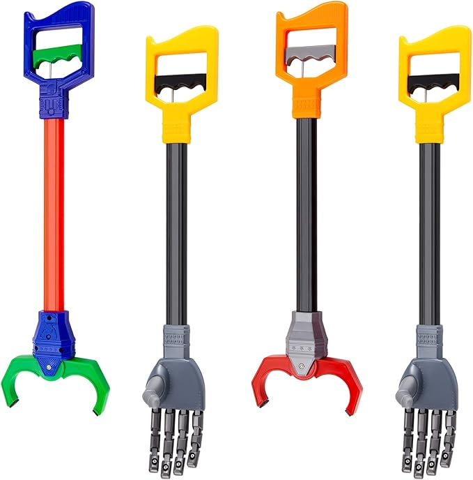 Lewtemi 4 Pcs Interactive Grabber Claw Robot Arm Pack Reacher Pickup Tool and Hand Eye Coordination Play, 18 Inch (Red,Blue,Gray)