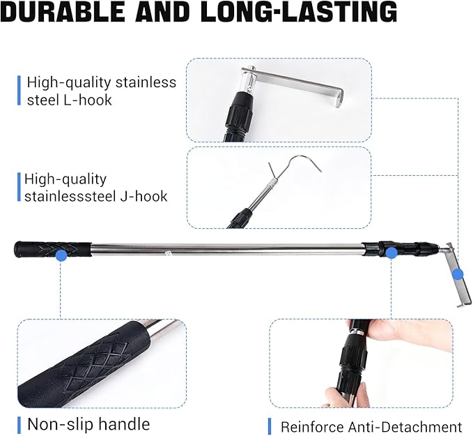 Grabber Reacher Tool,6.3 FT Reacher Grabber Pickup Tool for Heavy Duty Pickup Trucks Bed,Accessories and More Telescoping Pole with 2 Hooks-Black