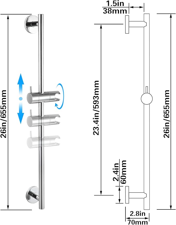 SKOWLL Chrome Shower Slide Bar 26-Inch Bathroom Shower Head Holder Bar with Adjustable Handheld Shower Holder, Wall Mount Shower Slide Bar No Drill