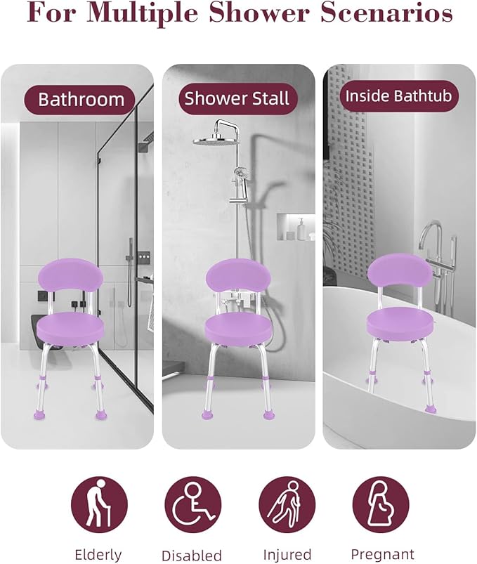 Swivel Shower Chair, 360° Non-Slip Shower Seat with Backrest for Elderly and Disabled, Height Adjustable Rotating Tub Bench for Seniors Bathroom Inside Shower with Compact Frame (Purple)