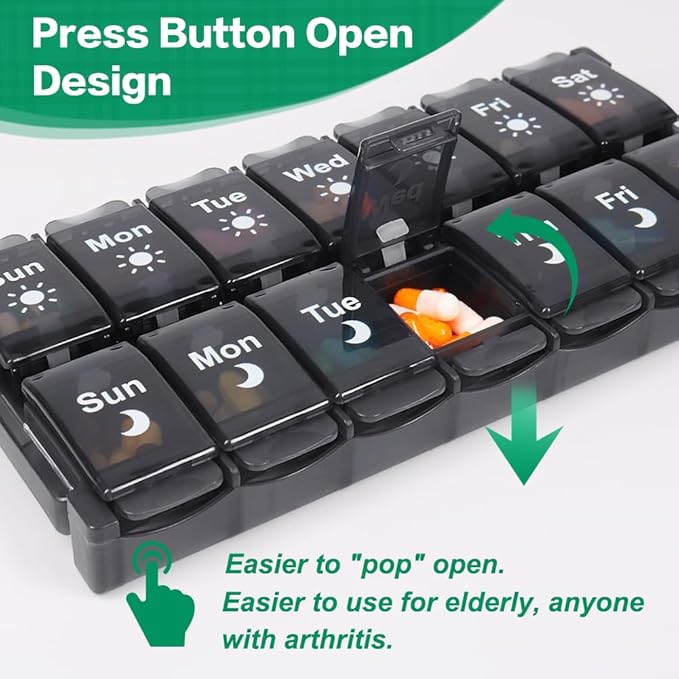 Shintop Weekly Pill Box 2 Times a Day, Easy Fill Medicine Pill Organizer Push Button Pill Case Morning Night Vitamin Organizer for Fish Oil Supplements （Black）