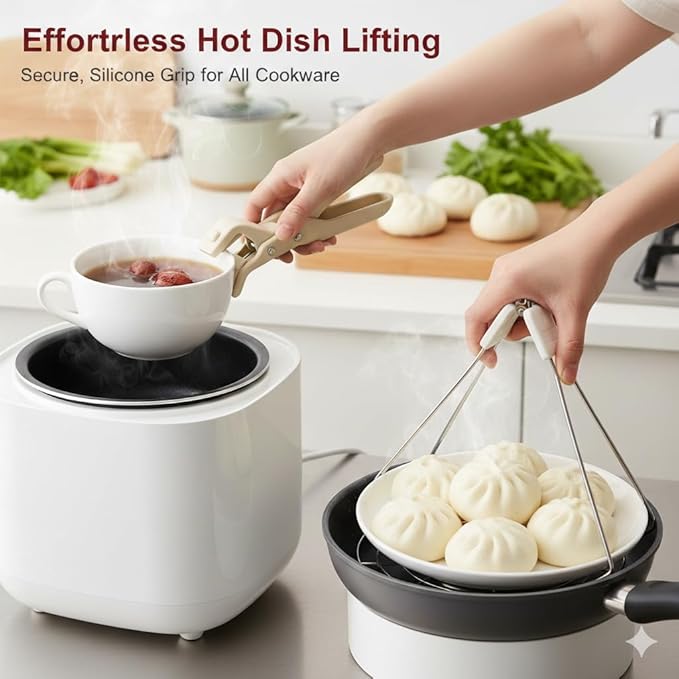Silicone-Tipped Hot Plate Gripper Set, 2-in-1 Anti-Scald Bowl & Pan Holder Clip with Sturdy Stainless Steel Handle, Multi-Angle Kitchen Tongs for Casserole, Pizza, Pot, Secure Non-Slip Grip (2pcs)