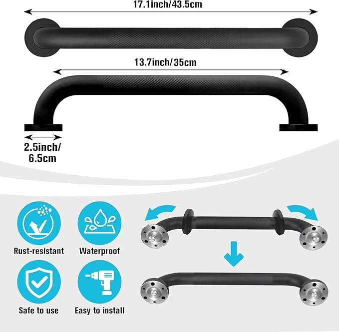 Shower Grab Bar, Anti-Slip Safety Grab Bar for Bathroom Bathtub Toilet 304 Stainless Steel Textured Grip Bath Handle Hand Rail for Elderly (Black, 16" L x 1 1/4" D)