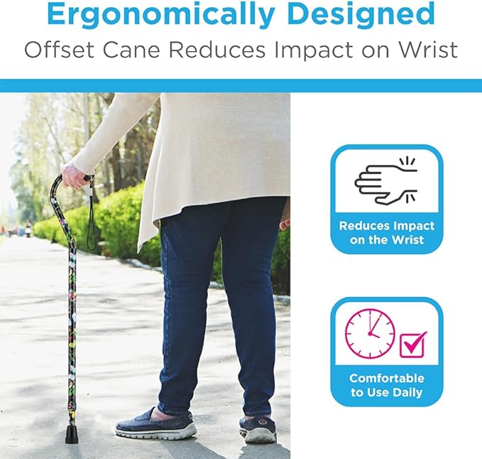 NOVA Offset Walking Cane for Seniors, Men & Women – Lightweight Adjustable Walking Cane with Soft Foam Grip, Wrist Strap, Anti-Rattle Lock & Non-Slip Tip – Stylish Mobility Aid