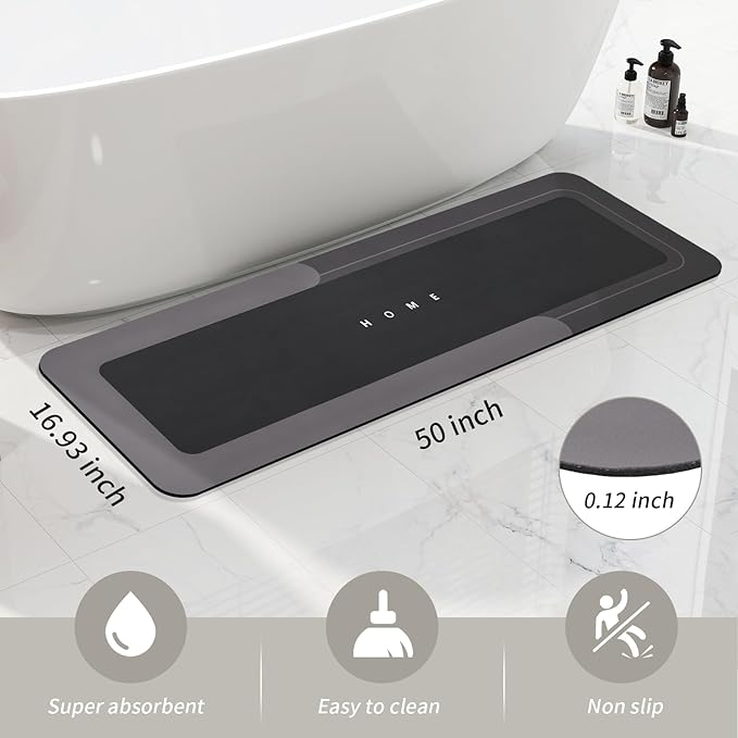 Housego Absorbent Bath Mat Magic Rug, Quick Drying Magic Bath Mat Non-Slip Floor Rug Rubber Backed for Bathroom Kitchen Shower Sink, Water Absorbent (1PC, 16.93''x50'', Black)