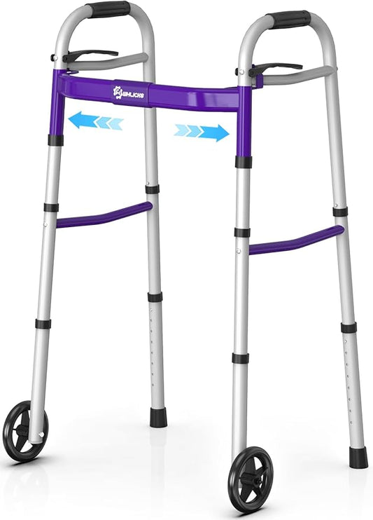 Whlicks Narrow Folding Walkers for Seniors,Aluminum Lightweight Walkers with Wheels, Adjustable Width and Height Front Wheel Walker for Elderly and Disabled, Supports up to 350 lbs