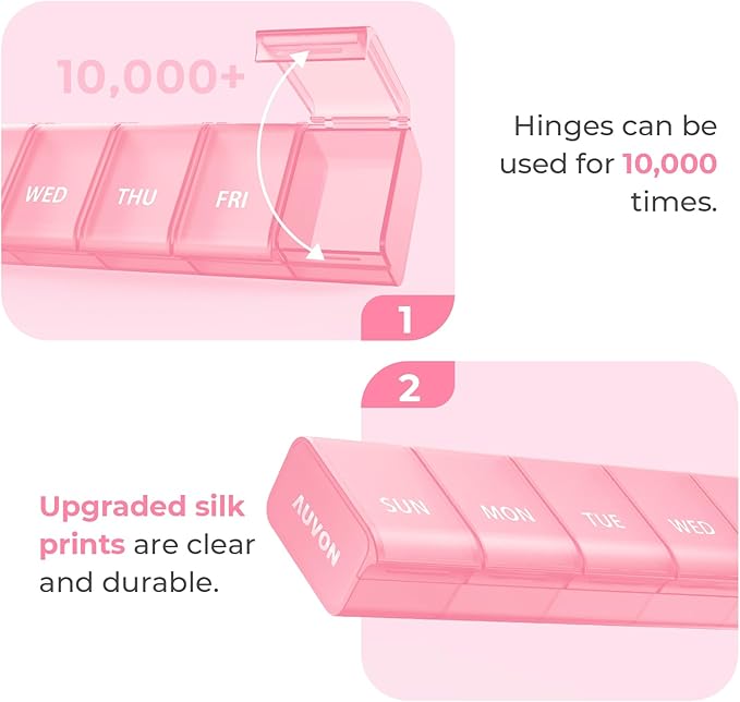 AUVON Weekly Pill Organizer with Effortless Opening Design, Arthritis Friendly Pill Box, BPA-Free Pill Organizer 7 Day, Cute & Portable Pill Case for Vitamins, Supplements and Medications