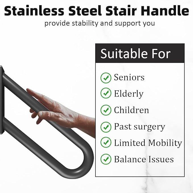 Hand Rails for Outdoor Steps Stair Railing Indoor Rail Metal Heavy Duty Non-Slip 1-3 Step Wall Mount Grab Bars U-Shape Safety Handle Garage Porch Courtyard Doorways (2 Pack 20")