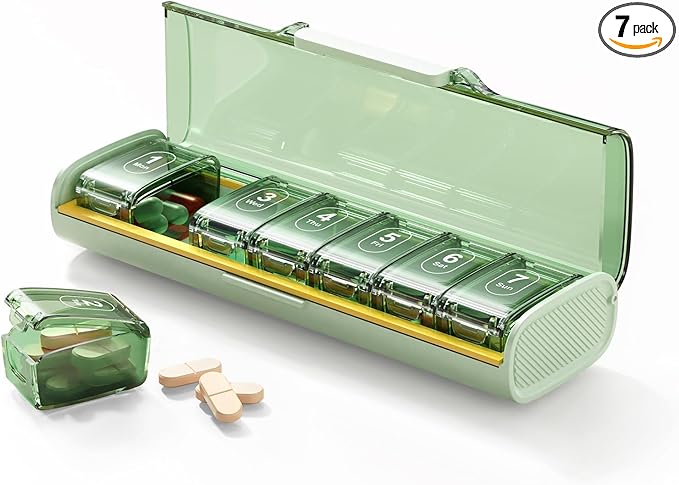 Weekly Pill Organizer,Portable 7 Day Pill Box,Moisture Proof Medicine Pill Organizer,Travel Pill Case with BPA-Free Material,Pocket-Size for Supplements & Vitamins (Green)