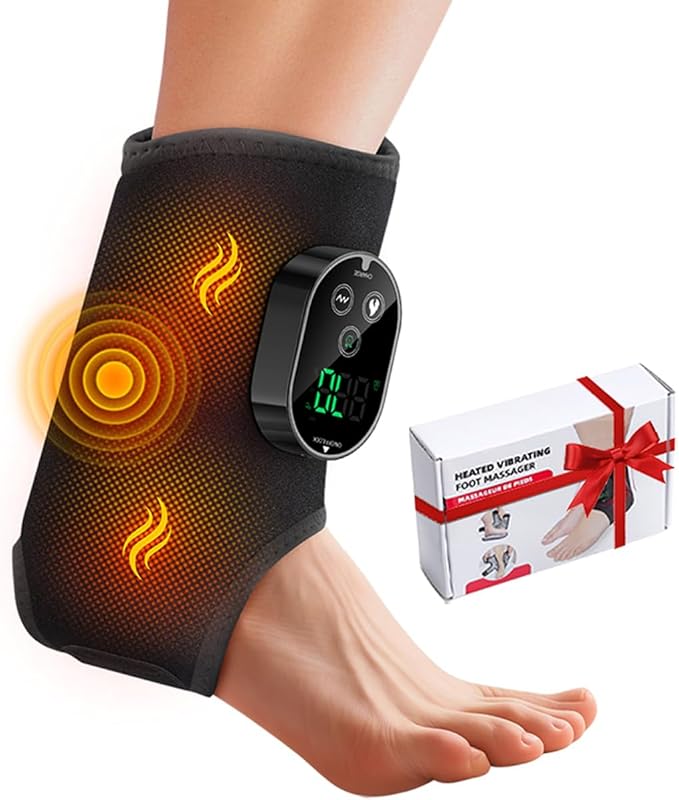 Ankle Massager,3-in-1 Wearable Hot & Vibration Massager for Feet, Ankles, and Arms | Reusable Heating Pad Brace for Home Recovery (Black)