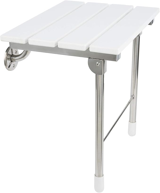 Folding Shower Seat Wall Mounted with Legs, Foldable Shower Chair for Inside Shower, Fold Down Shower Bench for Seniors (White, Fixed Height)