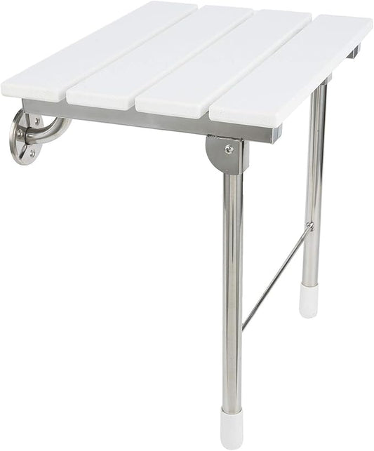 Folding Shower Seat Wall Mounted with Legs, Foldable Shower Chair for Inside Shower, Fold Down Shower Bench for Seniors (White, Fixed Height)