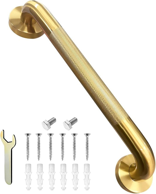 Shower Grab Bar for Bathroom, Anti-Slip Safety Grab Bar for Bathtub Toilet Staircase Stainless Steel Textured Grip Bath Handle Handrail for Elderly (Oil Bronze Gold, 16" L x 1-1/4" D)
