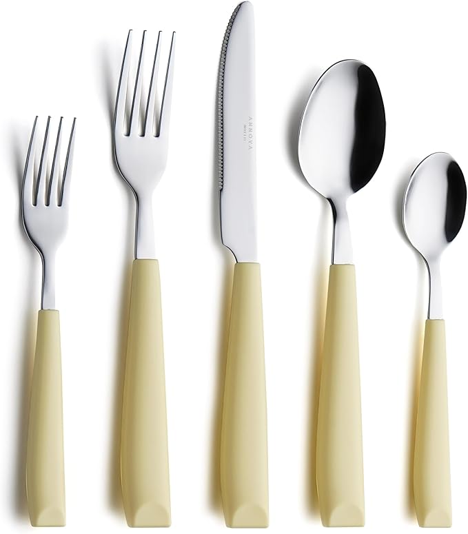 ANNOVA Silverware Set Stainless Steel Colorful Handle Tableware Kitchen Flatware Set Utensils, Includes Dinner Knives, Forks, Spoons, Salad Forks & Dessert Spoons (Yellow, 20 Pieces)