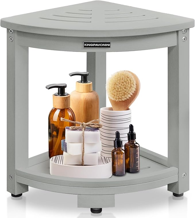 KingPavonini Corner Shower Stool for Inside Shower, Anti-Fading Shower Bench for Shaving Legs, HDPS Waterproof Shower Seat with Storage Shelf, Load 400 Pounds