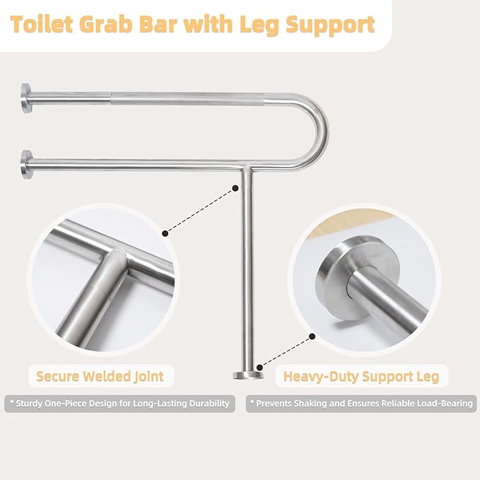 Toilet Grab Bar with Leg, Floor Mounted Knurled Safety Rail, Heavy Duty Brushed Nickel Stainless Steel Support Handle, Bathroom Stand Assist, Non-Slip Mobility Aid for Elderly, Disabled, 31 Inch