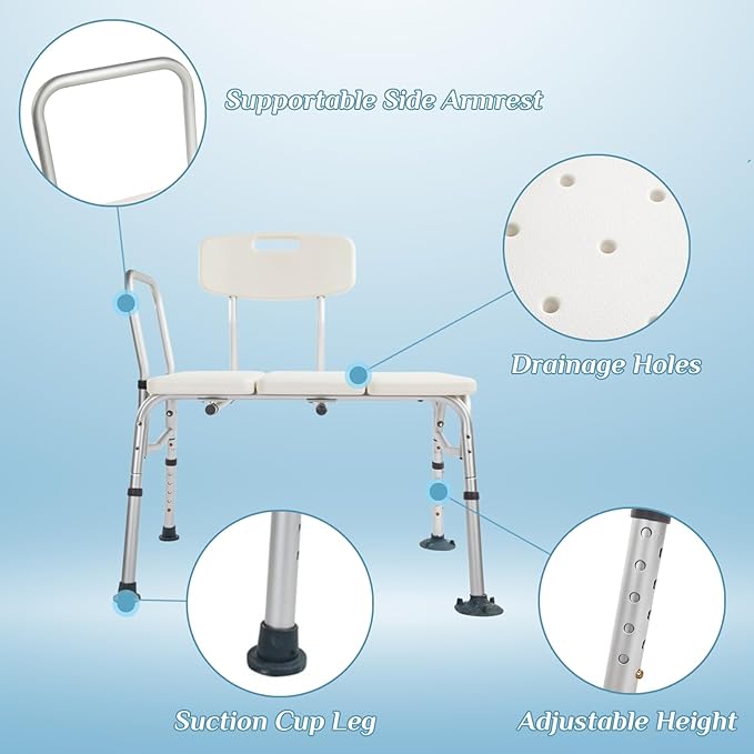 Winado Tub Transfer Bench for Bathtub with Backrest & Armrest, Supports up to 330 lbs Aluminium Alloy Bath Chair, White