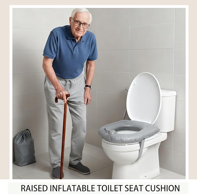 Gilprop Travel Toilet Seat Riser Inflatable Padded Toilet Seat for Seniors Portable PVC Bedside Commode Grey Raised Cushion with Suction Cup and Storage Bag for Elderly Recovery Senior Travel Camping
