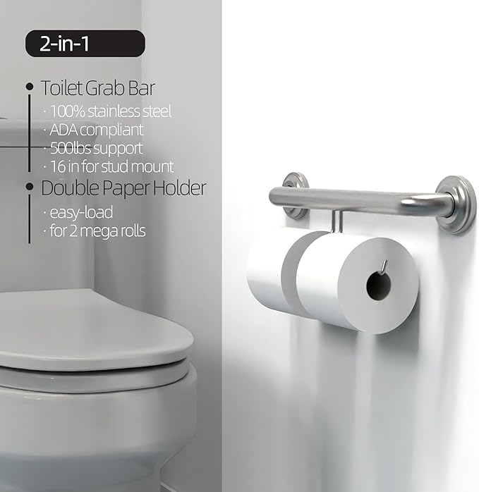 ADA Compliant Grab Bar with Toilet Paper Holder (2 Mega Rolls), 500lbs Weight Support, 1-1/4 x 16 inch for Stud Mount, Brushed Nickel