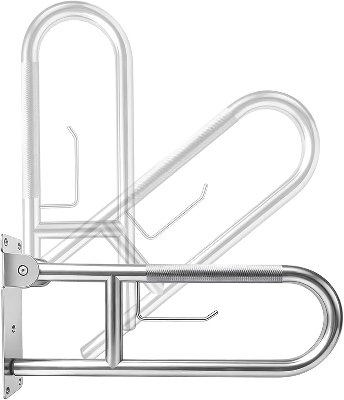 U-Shaped Toilet Grab Bar, Flip-Up Bathroom Safety Rail with Paper Holder, Wall Mounted Anti-Slip Support Handle for Elderly, Disabled & Post-Surgery Assistance (Brushed Nickel, 24 Inch)
