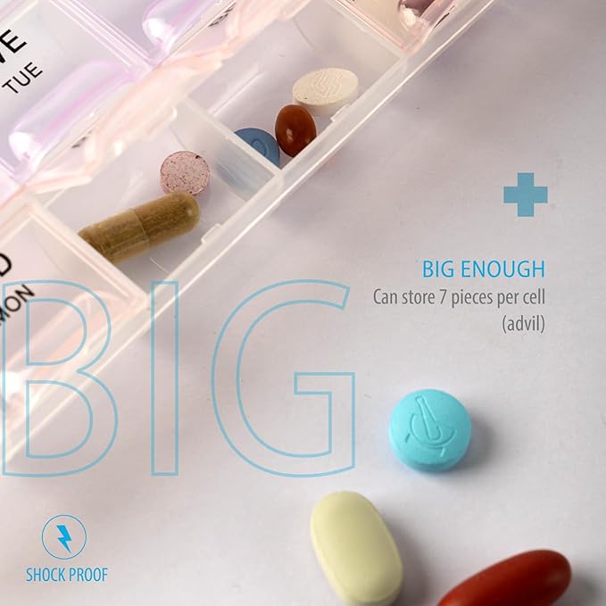 Deke Home - Pill Organizer 4 Times a Day (2 Pack), Weekly Medicine Box with Morning, Noon, Evening, Bed Compartments, Translucent, Easy-to-Open Pill Case, 7-Day Travel Medication Organizer for Vitamin