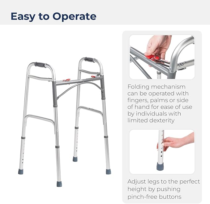 Drive Medical 2-Button Standard Foldable Walker for Seniors & Adults - Adjustable Legs - Lightweight Aluminum Construction - 350 Lb Weight Capacity - Basic Walking Aid - Silver
