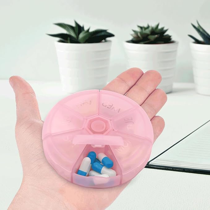 Portable Weekly Pill Organizer (Pack of 2) 7 Day Container,Round Case Travel Friendly,Daily Week Pill Reminder,Vitamin,Supplement,Fish Oil,Medication Planner (Pink)