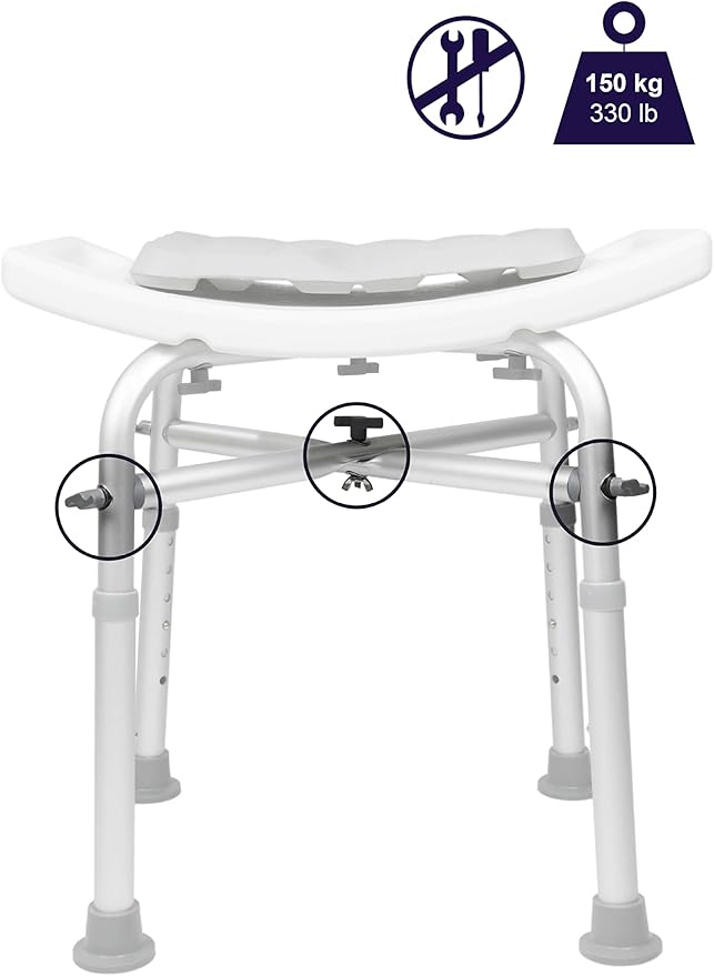 KMINA Shower Stool, Padded with Foam Cushion, Heavy Duty Double Reinforced Crossbar with 6 Height Adjustable, Tool Free, Anti-Slip, Made in Europe