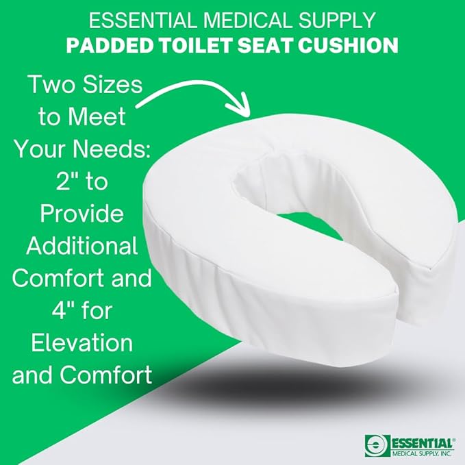 Essential Medical Supply Foam Padded Toilet Seat Cushion Riser - 4" Height, Hook and Loop Attachment for Easy Installation, Washable Vinyl Cover - Added Cushion for The Toilet with Pressure Relief