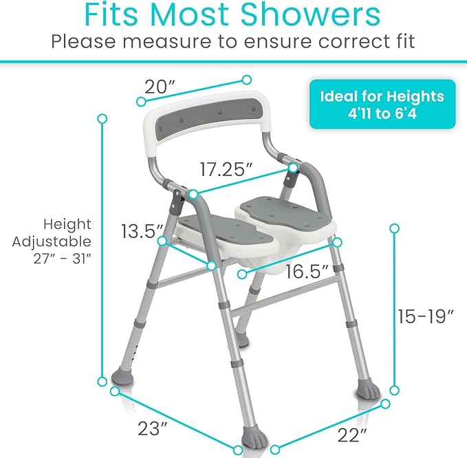 Vive Shower Chair for Elderly & Disabled - Handicap Bath Chair with Arms & U-Shape - Foldable, Adjustable Height - Padded Soaking w/Back & Drain Hole - Portable, Non-Slip, Safe Disability Aid