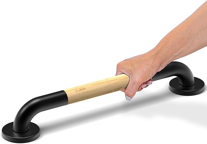 Safety Grab Bar for Bathroom & Toilet, Natural Bamboo Handle, ADA Compliant Balance Assist Handrail for Handicap and Seniors, 16in Matte Black