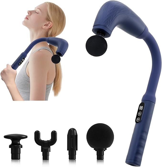 UFFAE Massage Gun with Upgraded Extension Handle, Back Massager for Pain Relief Deep Tissue, Muscles/Neck/Shoulders/Waist/Legs Massager with 4 Massage Heads & 6 Speed Levels & 3 Massage Modes, Blue