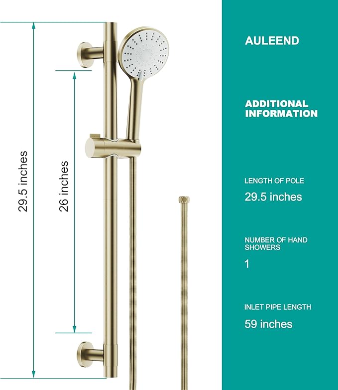 Shower Slide Bar Handheld Shower Head with Hose, 5-Function Hand Shower with Wall Mount，shower slide bar,adjustable height shower head (A-round, Brushed Gold)