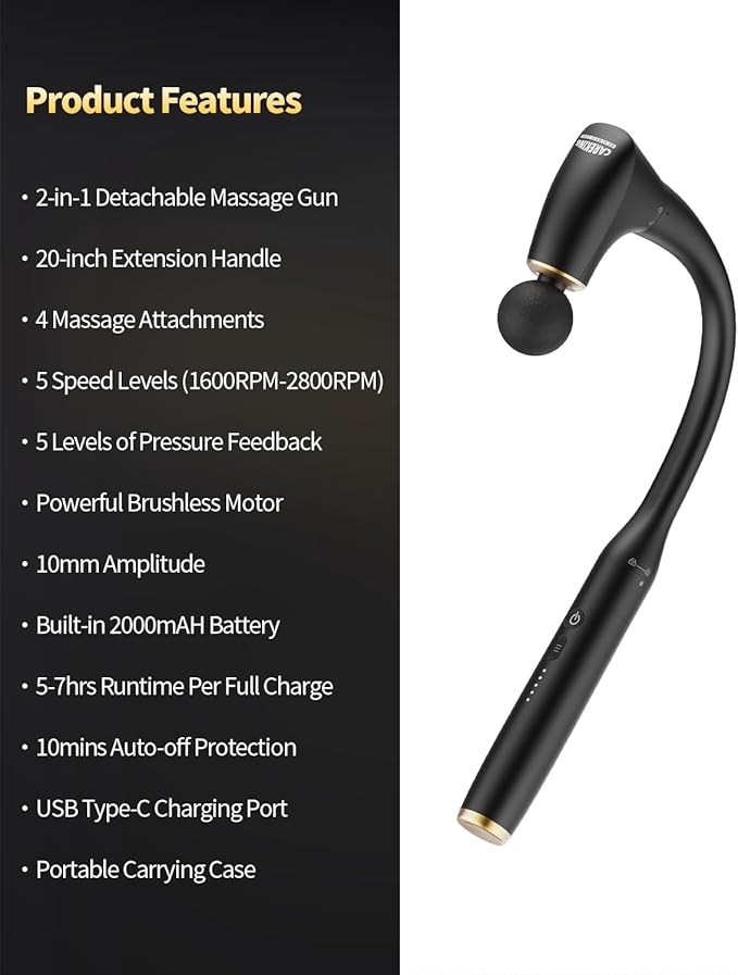 2-in-1 Detachable Percussion Massage Gun with Extension Handle, Back Massager for Pain Relief Deep Tissue Muscle Massager for Arm Shoulder Lower Back Thigh Waist, Gifts for Women Men, FSA-HSA Eligible